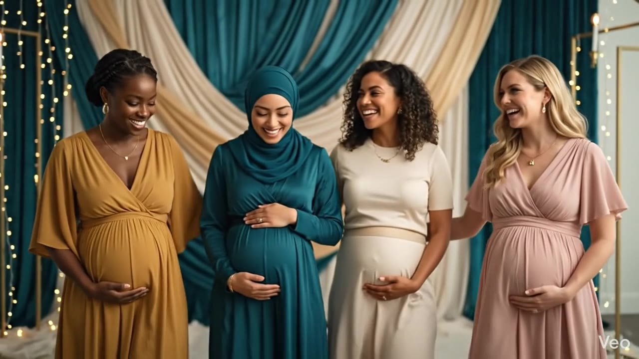 Four expectant mothers laughing together under fairy lights